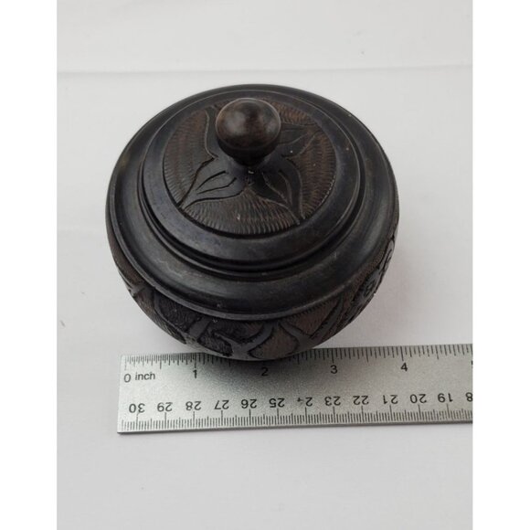 Vintage Africa Wooden Bowl Carved Round Elephants with Lid - Picture 7 of 8